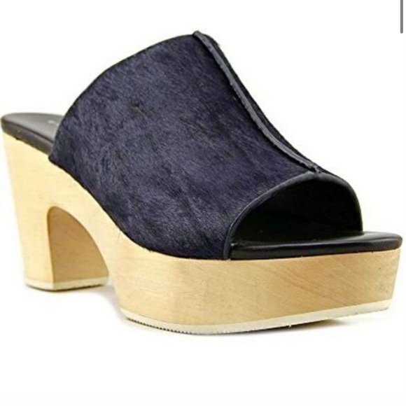 NWOT Elie Tahari Tortuga Navy Blue calf hair Leather wooden clogs navy blue 38 - Picture 3 of 11